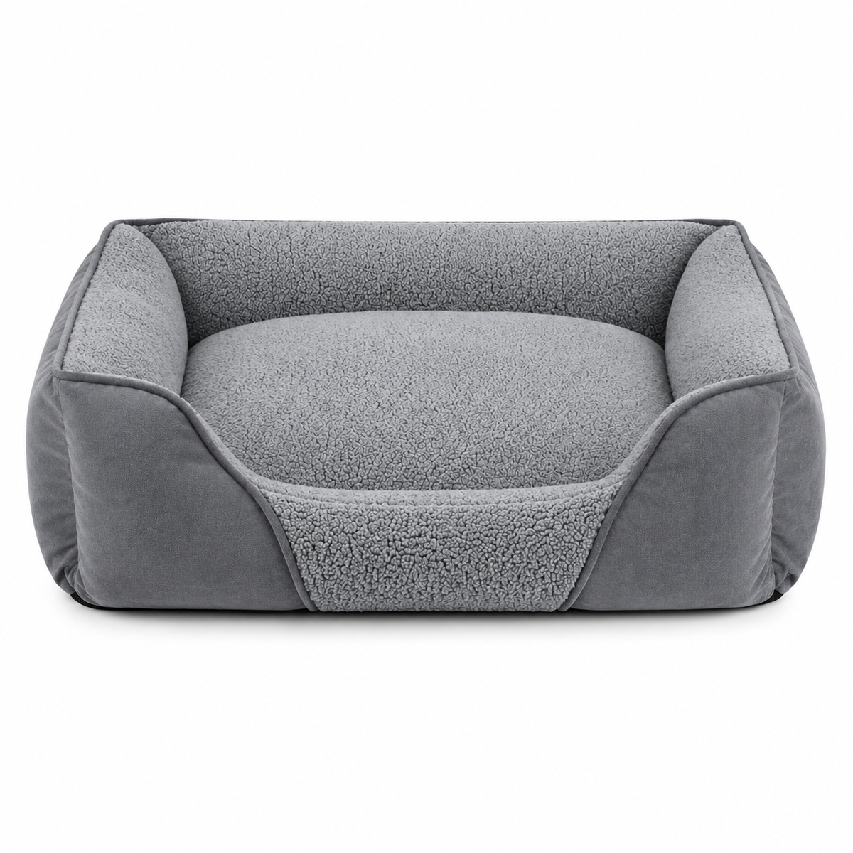 Rectangular dog bed in grey with a raised edge