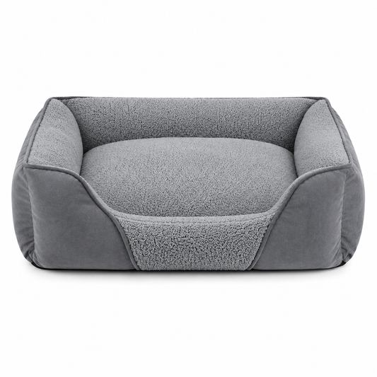 Rectangular dog bed in grey with a raised edge
