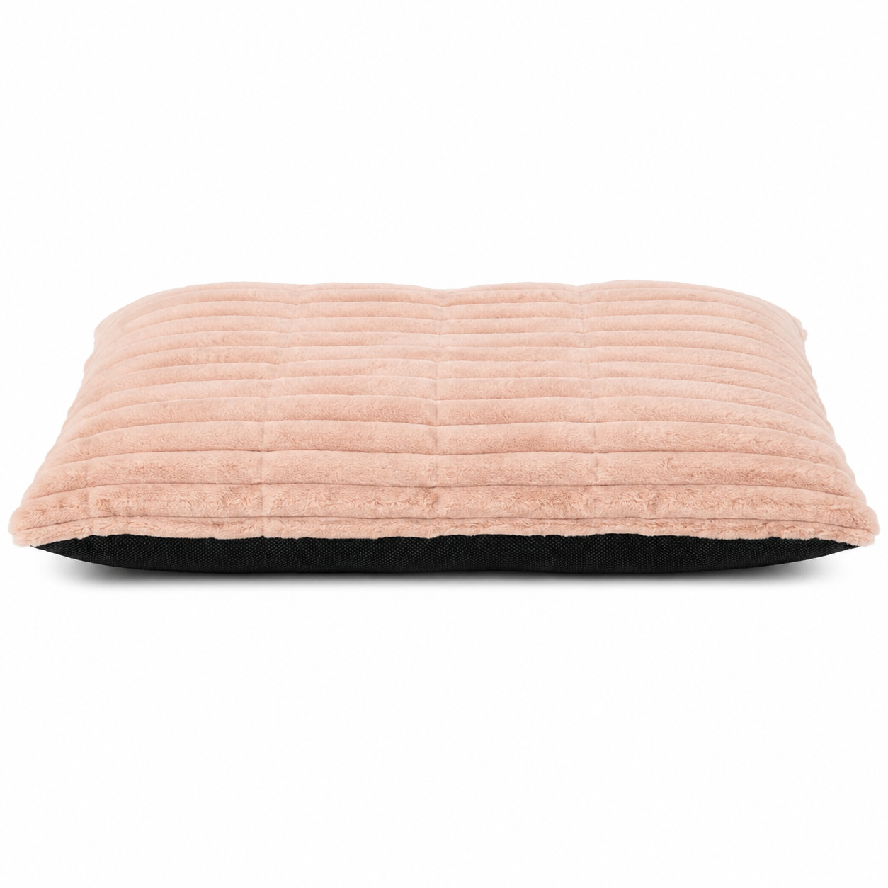 Square dog cushion in pink with a ribbed pile surface and dark base panel