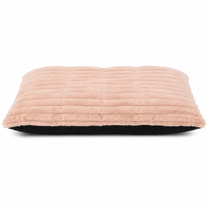 Square dog cushion in pink with a ribbed pile surface and dark base panel