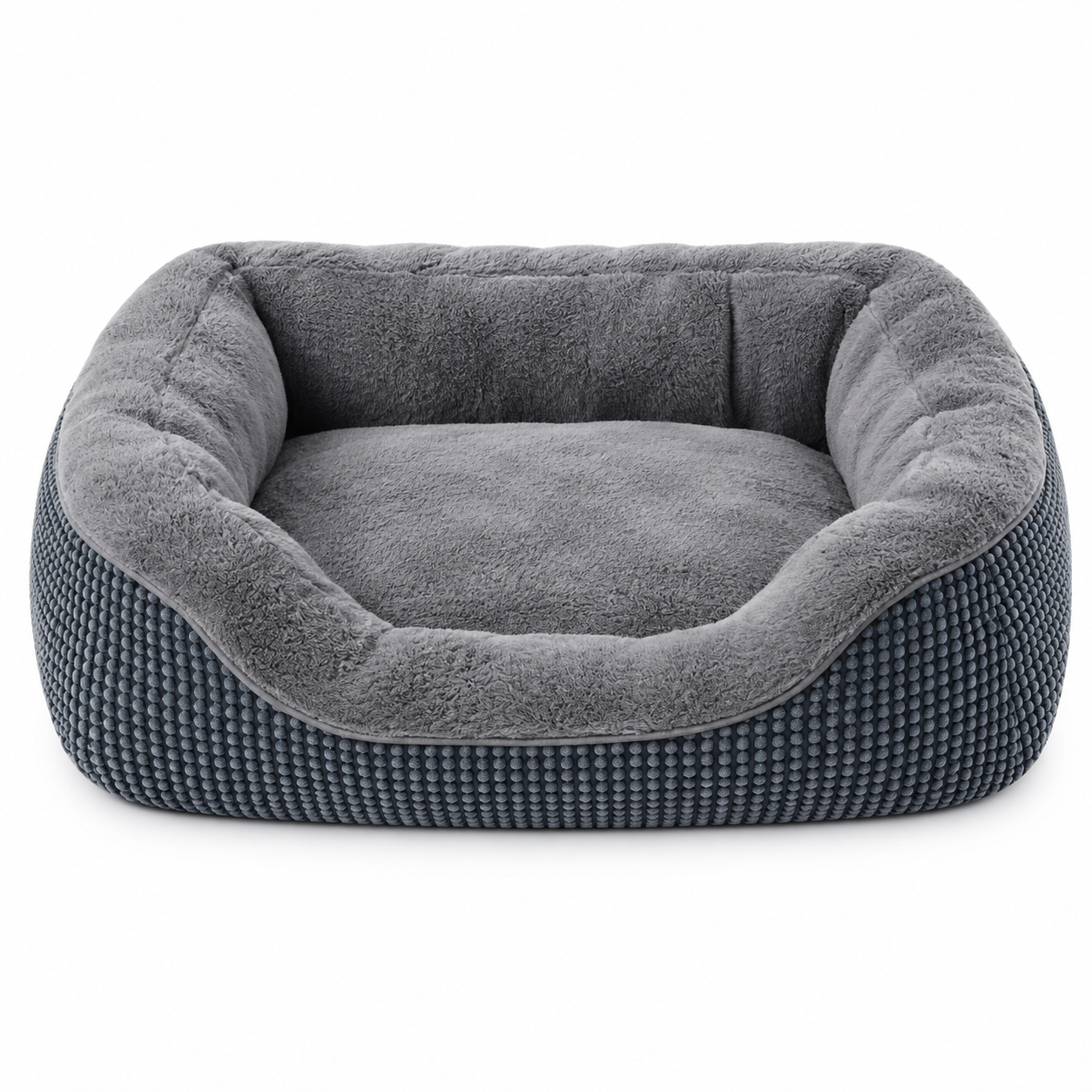 Rectangular dog bed in grey with a raised rim