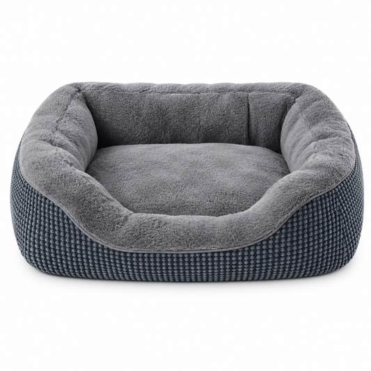 Rectangular dog bed in grey with a raised rim