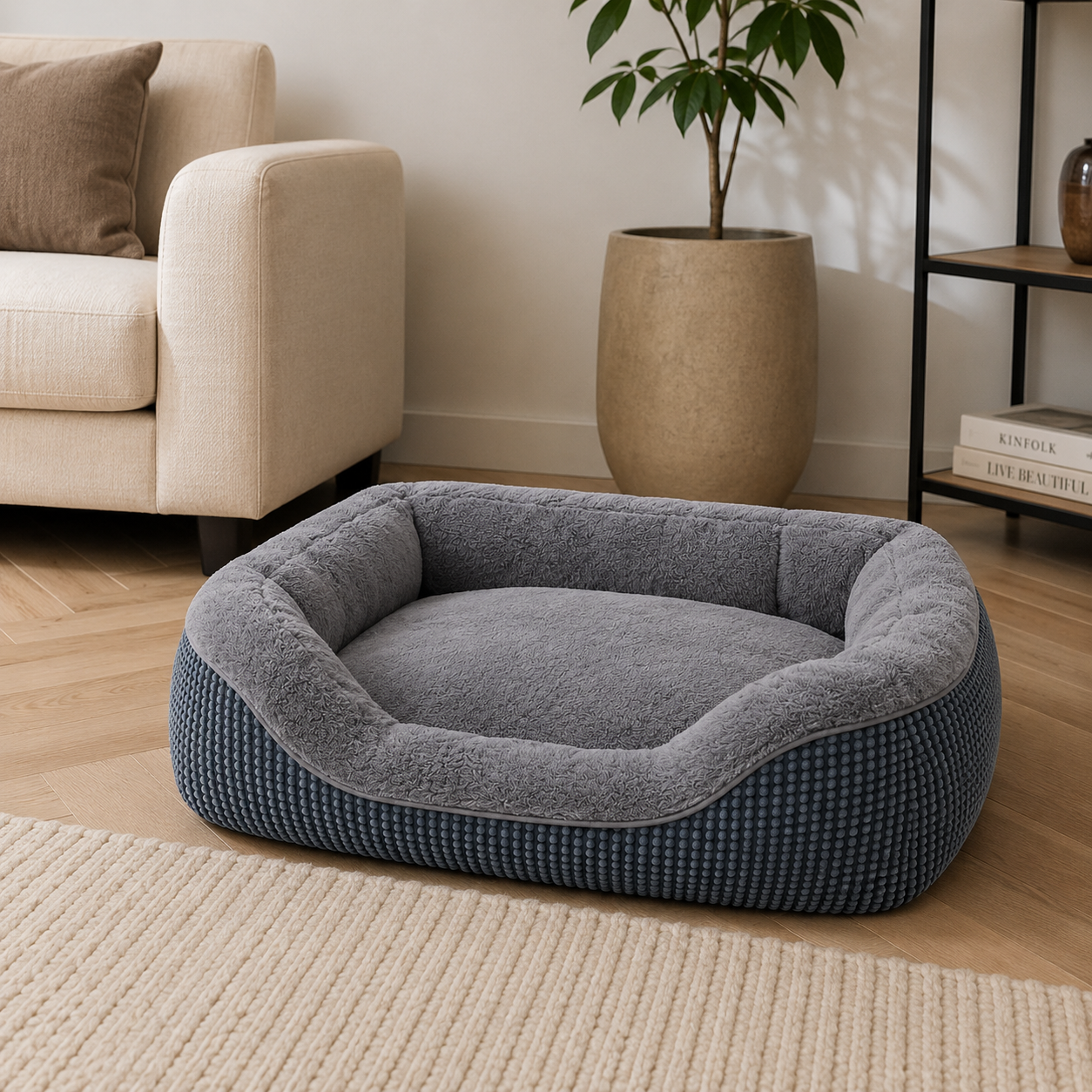 Rectangular dog bed in grey with a raised rim