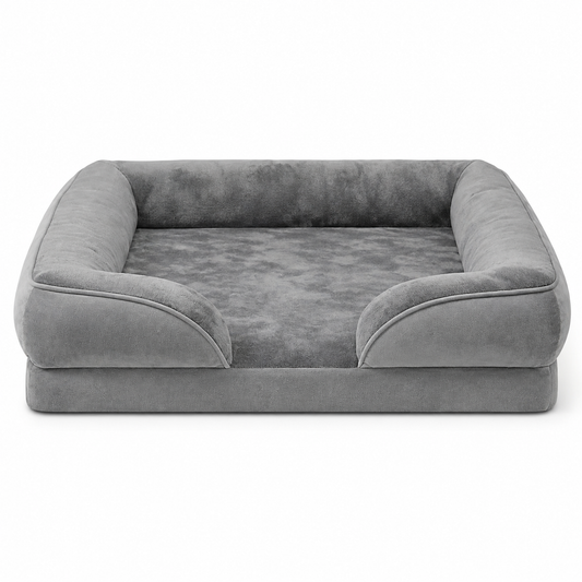 Rectangular dog sofa in grey with a bolster on three sides
