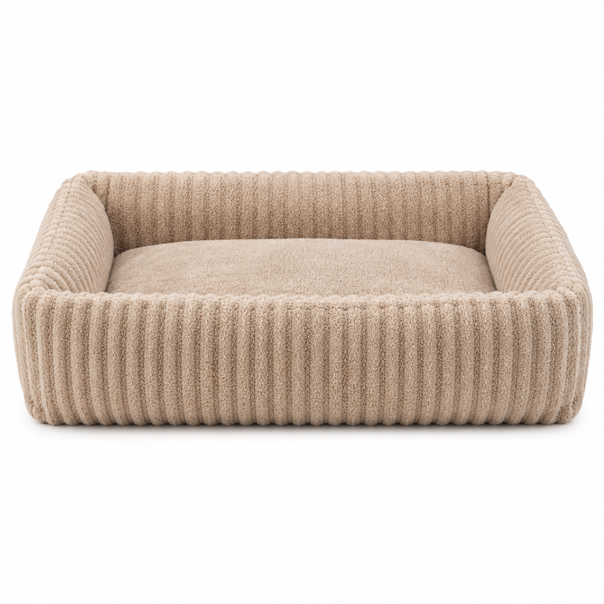 Rectangular dog bed in beige with a ribbed raised rim