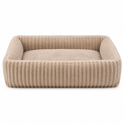 Rectangular dog bed in beige with a ribbed raised rim