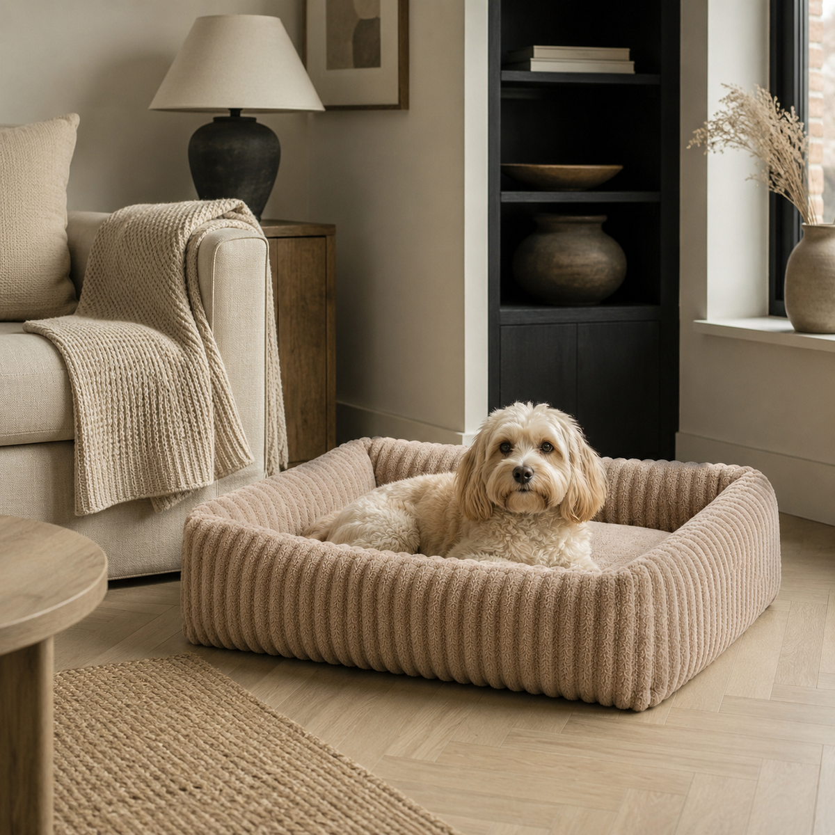 Rectangular dog bed in beige with a ribbed raised rim