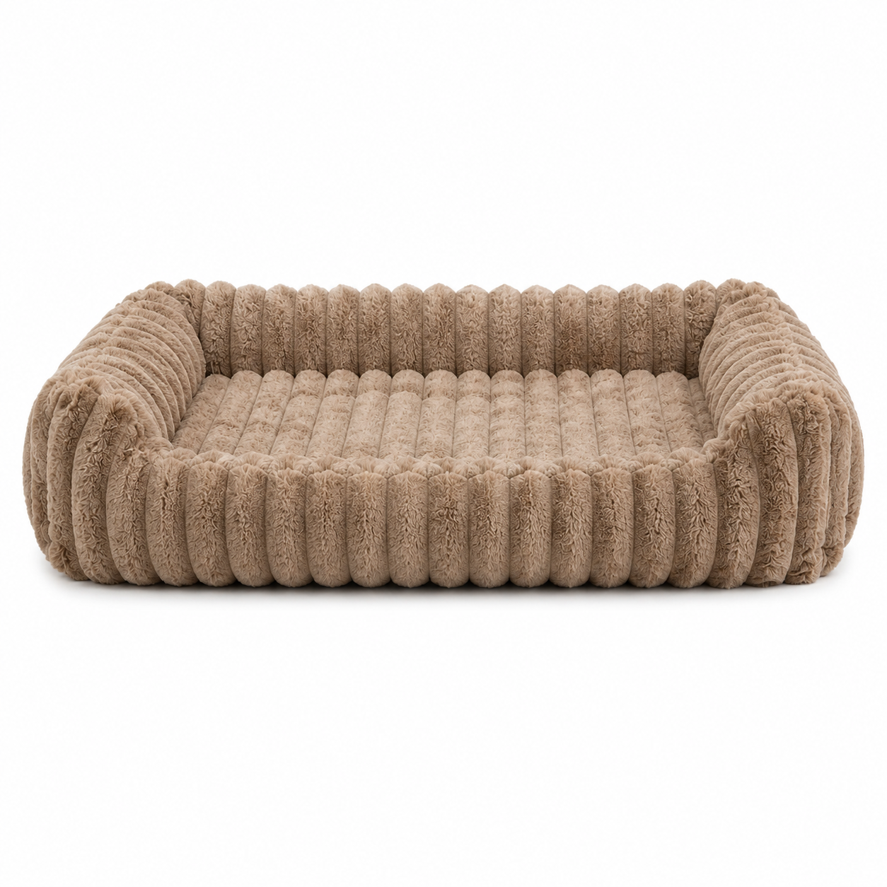 Rectangular dog bed in taupe with a wide ribbed rim
