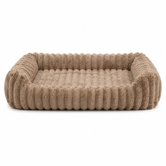 Rectangular dog bed in taupe with a wide ribbed rim