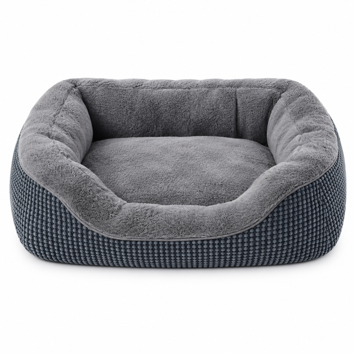 Rectangular dog bed in grey with a raised rim