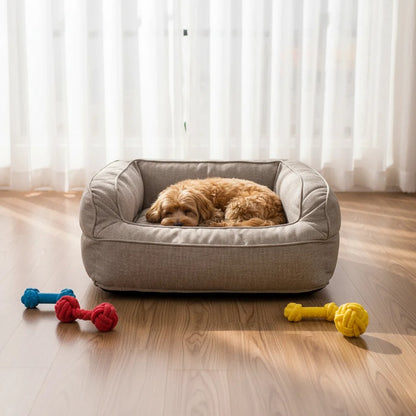 Rectangular dog sofa in beige with upright sides