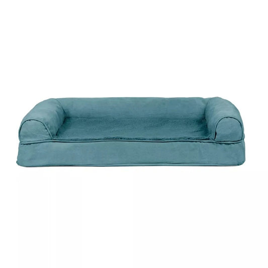Rectangular dog sofa in teal blue with a bolster on three sides