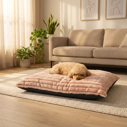 Square dog cushion in pink with a ribbed pile surface and dark base panel