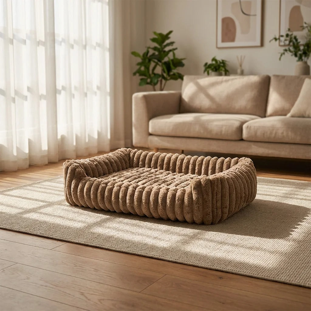 Rectangular dog bed in taupe with a wide ribbed rim
