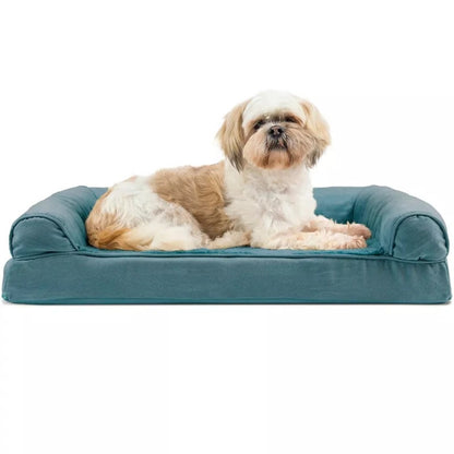 Rectangular dog sofa in teal blue with a bolster on three sides