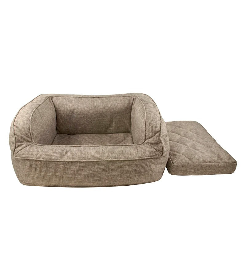 Rectangular dog sofa in beige with upright sides