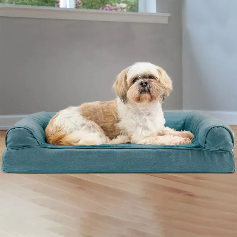 Rectangular dog sofa in teal blue with a bolster on three sides
